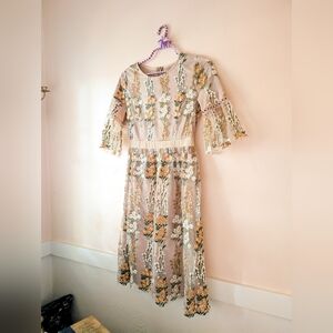 Pologram Full Bloom Mustard Yellow Floral Embroidered Dress Size Small